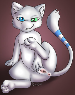 3_toes 4_fingers anus blue_body blue_eyes blue_fur blue_markings blue_stripes blue_tail feet female feral fingers front_view fur fur_markings genitals green_eyes heterochromia inner_ear_fluff looking_at_viewer markings multicolored_tail narrowed_eyes pink_vulva presenting presenting_vulva raised_leg simple_background smile smiling_at_viewer smirk smirking_at_viewer snout solo striped_body striped_fur striped_markings striped_tail stripes tail tail_markings toes tuft two_tone_tail vulva white_body white_ears white_fur white_inner_ear white_inner_ear_fluff white_tail itsdraconix nintendo pokemon fan_character yuki_(side_b) felid feline generation_1_pokemon legendary_pokemon mammal mew_(pokemon) pokemon_(species) 2025 absurd_res dated hi_res shaded signature