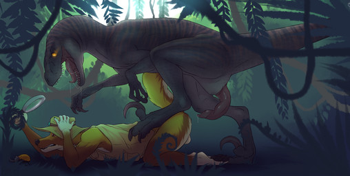 anthro balls bodily_fluids bottomless butt claws clothed clothing detailed_background digitigrade dominant duo erection feral forest genital_fluids genitals glowing glowing_eyes hat headgear headwear imminent_rape imminent_sex jacket jungle larger_dom larger_male magnifying_glass male male/male nature open_mouth outside penis plant precum saliva sharp_teeth shirt size_difference smaller_male tail teeth tongue tongue_out topwear tree xenoforge arthropod beetle canid canine canis dingo dinosaur dromaeosaurid insect mammal prehistoric_species reptile saurischian scalie theropod velociraptor 2015 hi_res