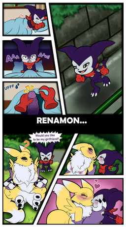 anthro bed bed_sheet bedding big_breasts big_penis blush bodily_fluids breasts confession dialogue dream duo female furniture genitals heart_symbol kissing male male/female nightmare penis romantic romantic_couple sweat text thick_thighs vulphy bandai_namco digimon canid canine digimon_(species) fox humanoid imp impmon mammal renamon absurd_res comic english_text hi_res