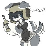 alcohol alcohol_bottle ambiguous_gender anthro beverage bottle clothed clothing collar container eye_bags fully_clothed hat headgear headwear holding_alcohol holding_bottle holding_container holding_object russian shirt solo tail tail_motion tailwag topwear vodka dethtwink canid canine canis domestic_dog mammal 1:1