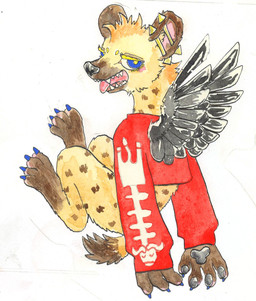 alternative_fashion anthro blue_eyes bone bottomless brown_body brown_fur claws clothed clothing colored_nails ear_piercing ear_ring feathered_wings feathers female fur jacket looking_at_viewer markings nails open_mouth pawpads paws piercing ring_piercing simple_background solo spots spotted_body spotted_fur tail teeth tongue tongue_out tongue_piercing topwear white_background wings kyokyota hyena mammal spotted_hyena 2018 hi_res traditional_media_(artwork)