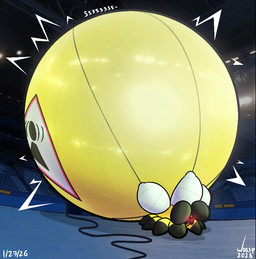 air_inflation blush blush_lines close_to_bursting hose hose_inflation hyper_abdomen implied_popping inflatable inflation motion_lines onomatopoeia photo_background sound_effects text white_text yellow_body woosp phosphi-4 animate_inanimate arachnid arthropod living_inflatable spider 2026 artist_name dated mixed_media photography_(artwork)