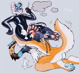 anthro anus arm_tuft balls barely_visible_balls barely_visible_genitalia black_body black_ears black_fur black_markings black_nose black_tail blindfold blue_anus blue_body blue_fur blue_inner_ear blue_pawpads blue_tongue body_worship breath butt cigarette claws clothing countershading duo elbow_tuft facial_markings falconry_hood feet foot_fetish foot_lick foot_play fur fur_markings genitals glistening glistening_clothing grey_body grey_claws grey_fur grey_tail head_markings hindpaw hood intimate latex latex_clothing latex_skinsuit licking male male/male male_on_top markings multicolored_tail on_bottom on_top open_mouth open_smile orange_body orange_ears orange_fur orange_tail pawpads paws pink_nose pink_pawpads pink_tongue sensory_deprivation skinsuit smile smoke tail tail_tuft text tight_clothing tongue tongue_out tuft white_balls white_body white_butt white_countershading white_ears white_fur white_tail birdpaw_(artist) canid canine felid leopard mammal pantherine 2023 artist_name digital_media_(artwork) hi_res