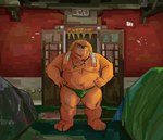 anthro belly brown_body bulge clothing hat headgear headwear humanoid_hands kemono male moobs nipples overweight overweight_male solo straw_hat towel towel_around_neck underwear bonbonbear tuokemao lifewonders tokyo_afterschool_summoners volos_(tas) bear mammal 2021