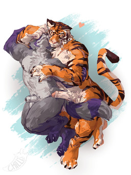 anthro armpit_tuft balls body_hair chest_tuft countershade_balls countershade_crotch countershade_face countershade_genitalia countershade_torso countershading duo erection facial_markings foreskin fur genitals gloves_(marking) head_markings heart_symbol humanoid_genitalia humanoid_penis leg_markings male male/male male_anthro markings mask_(marking) muscular muscular_anthro muscular_male nipples nude nude_anthro nude_male penis pubes ring_(marking) ringed_tail socks_(marking) spooning striped_body striped_fur striped_markings striped_tail stripes tail tail_markings tuft babanasaur epic_games fortnite oscar_(fortnite) felid mammal pantherine procyonid raccoon tiger 2025 hi_res