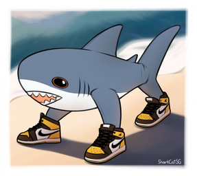 beach clothing feral footwear male red_eyes sand sea shark_fin shoes solo water yellow_clothing yellow_footwear yellow_shoes sharkcatsg air_jordan_1 ikea jordan_(brand) nike blahaj tralalero_tralala aquatic fish shark hi_res signature