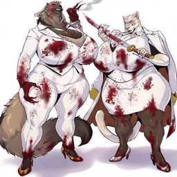 annoyed anthro big_breasts blood blood_on_arm blood_on_breast blood_on_breasts blood_on_chest blood_on_clothing blood_on_face blood_on_hand blood_on_leg blood_on_object blood_on_weapon bodily_fluids breasts cigarette claws clothing covered_in_blood duo elderly_female excessive_blood facial_scar female female/female footwear frown grey_hair hair high_heels huge_breasts huge_thighs hyper hyper_breasts katana looking_at_viewer melee_weapon professional_clothes scar shoes smoking smoking_cigarette sword tail thick_thighs weapon cosmicdanger kasumi_(homura) zelinda_(homura) felid gulonine lion mammal mustelid musteline pantherine wolverine 1:1 hi_res