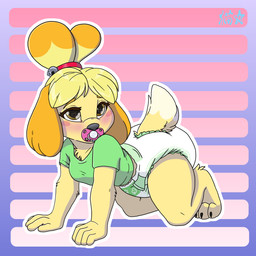abstract_background accessory ageplay bell blush bottomwear claws clean_diaper clothed clothing crawling diaper female furgonomic_bottomwear furgonomics hair_accessory hairband heart_eyes heart_symbol object_in_mouth pacifier pacifier_in_mouth roleplay shirt smile t-shirt topwear wearing_diaper stargal_galexi animal_crossing nintendo isabelle_(animal_crossing) canid canine canis domestic_dog mammal 1:1 hi_res
