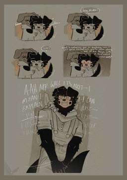 age_difference anthro athletic black_body black_fur blush blushing_profusely border chibi clothing collared_shirt dialogue dress_shirt duo erection eye_scar facial_hair facial_scar fanboy floppy_ears fur hands_covering_crotch heart_symbol hmm honorific hoodie hug humming male male/male markings mole_(marking) muscular mustache older_male overalls pouches scar shirt shocked stuttering tail tail_between_legs tail_motion tailwag text topwear unwanted_erection white_body white_fur x_scar yelling yellow_border younger_male cerberussenn lucky_sweeto_(cerberussenn) william_hayter_(cerberussenn) bird_dog canid canine canis domestic_dog flat_coated_retriever hunting_dog mammal retriever wolf absurd_res comic english_text hi_res signature