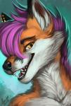 anthro ear_piercing ear_stud grin hair male piercing purple_hair smile solo teeth_showing quirachen zion_fox canid canine fox mammal red_fox true_fox absurd_res hi_res portrait