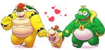 anthro belly crown eyes_closed green_body group headgear heart_symbol humanoid_hands male male/male overweight overweight_male simple_background white_background leothelionel mario_bros nintendo super_mario_bros._2 bowser bowser_jr. wart_(mario) amphibian frog koopa scalie 2021 hi_res