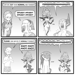 4_panel_comic alternate_form annoyed aroused bdsm begging belly bestiality bone boxer_briefs breasts chemise clothing collar consensual_transformation cute_fangs dialogue disappointed duo ear_piercing ear_ring encouragement excited eyes_closed fangs female feral floating frown fur fused_shadow grey_background hair happy hat headgear headwear holding_bone holding_leash holding_object humanoid_on_feral humanoid_on_humanoid humanoid_pointy_ears humor imminent_knotting imminent_sex knotting_request leash leashed_collar light_body light_skin looking_at_another looking_at_partner male male/female medium_breasts navel nightgown open_mouth open_smile pattern_boxer_briefs pattern_clothing pear-shaped_figure petplay piercing pointy_ears praying repeated_text ring_piercing roleplay romantic romantic_couple sad screaming shirt shortstack shortstack_female simple_background small_breasts smile snapping_fingers sparkles sparkling_eyes species_transformation standing talking_to_another talking_to_partner tearing_clothing tearing_shirt teeth text tired_eyes tongue tongue_out topwear torn_clothing torn_shirt torn_topwear transformation transformation_request translucent translucent_clothing translucent_nightgown triforce_print underwear wide_hips edstuff nintendo the_legend_of_zelda twilight_princess link link_(wolf_form) midna midna_(true_form) canid canine canis humanoid hylian imp mammal twili wolf 1:1 2026 absurd_res comic english_text greyscale hi_res monochrome signature