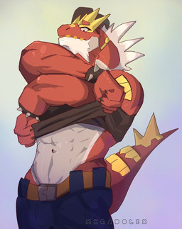 abs anthro barazoku belt bottomwear bracelet clothing jewelry logo male muscular muscular_anthro muscular_male navel pants red_body removing_shirt solo spiked_bracelet spiked_tail spikes spikes_(anatomy) standing tail teeth undressing yellow_body yellow_spikes yellow_teeth megadolix nintendo pokemon fossil_pokemon generation_6_pokemon pokemon_(species) tyrantrum artist_logo digital_media_(artwork) hi_res portrait three-quarter_portrait
