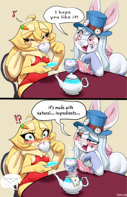 anthro beverage biped blonde_hair blue_clothing blush breasts chair cleavage clothed clothing container cup dialogue dress drinking duo eyelashes female fur furniture green_eyes hair holding_container holding_cup holding_object interrobang open_mouth panties pink_eyes pupils red_clothing sitting smile speech_bubble table tea teapot text underwear wearing_hat white_body yellow_body psakorn_tnoi mandie_(psakorn_tnoi) lagomorph leporid mammal rabbit absurd_res comic english_text hi_res