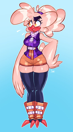 anthro beak blue_background boots bottomwear breasts clothing eyebrows eyelashes feather_hands feathers feet female footwear furgonomic_footwear furgonomics hair hand_on_hip legwear medium_breasts non-mammal_breasts orange_bottomwear orange_clothing orange_shorts pink_body pink_feathers pink_hair ponytail purple_clothing purple_topwear shoes shorts simple_background sleeveless_topwear solo tail tail_feathers talons thick_eyebrows thick_thighs thigh_highs toes topwear wide_hips yellow_eyes jamoart aza_(doodledox) avian bird passerine 2023 absurd_res hi_res