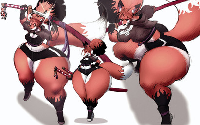 ahoge anthro biped black_body black_eyes black_fur bottom_heavy bottomwear breasts cleavage clothed clothing crop_top dipstick_ears dipstick_tail ear_markings eyebrow_piercing eyes_closed eyeshadow facial_piercing female footwear fur gloves_(marking) hair high_heels hoodie hotpants huge_hips huge_thighs hyper hyper_hips hyper_thighs japanese_sword katana leg_markings makeup markings medium_breasts melee_weapon midriff multicolored_ears navel odachi orange_body orange_fur orange_hair piercing ponytail shirt shoes shorts small_waist socks_(marking) solo sword tail tail_markings thick_thighs topwear weapon white_body white_fur wide_hips itzjaylock canid canine fox mammal hi_res