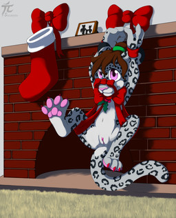 anthro arms_above_head arms_tied bdsm bondage bound bow_knot bow_ribbon brown_hair christmas_stocking clothing detailed_background female fireplace footwear genitals gift gift_wrapped hair holidays holly_(plant) inside legwear logo muzzle_(object) muzzled navel pawpads pink_pawpads plant purple_eyes socks solo spread_legs spreading submissive submissive_female suspension vulva young young_anthro young_female sogaroth christmas felid leopard mammal pantherine snow_leopard 2016 absurd_res artist_logo digital_media_(artwork) hi_res