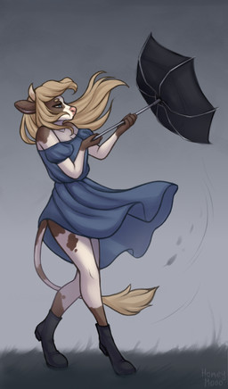 anthro blonde_hair blue_eyes boots bottomwear brown_body clothing dress female footwear grass hair holding_object horn long_hair looking_at_object markings plant shoes simple_background skirt solo spots spotted_body standing umbrella white_body wind honeymooo bovid bovine cattle dairy_cattle holstein_friesian_cattle mammal hi_res