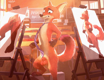 animal_genitalia animal_penis anthro art_class artist balls canine_genitalia canine_penis chair chalkboard classroom desk embarrassed fully_sheathed fur furniture genitals inside male modelling mostly_nude necktie necktie_only nude nude_modelling painting_(object) penis pose school sheath solo spelling_error standing step_pose table tail teeth sidekick disney zootopia nick_wilde canid canine fox mammal red_fox true_fox digital_media_(artwork) hi_res