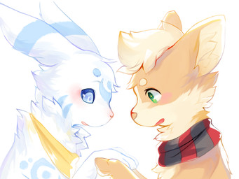 amazed ambiguous_gender blue_body blue_eyes blue_fur blush duo feral fur green_eyes holding_paws inner_ear_fluff kerchief open_mouth orange_body orange_fur orange_nose paws pink_nose scarf side_view tuft white_body white_fur aishasoup nintendo pokemon tanashi eeveelution generation_1_pokemon generation_2_pokemon growlithe pokemon_(species) umbreon 4:3 bust_portrait digital_media_(artwork) portrait
