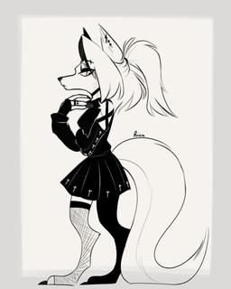 anthro barefoot big_tail bottomwear breasts choker clothing cross digitigrade dress ear_piercing exposed_shoulder feet female fishnet_clothing fishnet_legwear fluffy fluffy_tail hair jewelry legwear looking_at_viewer necklace piercing ponytail pupils ring scrunchie skirt slit_pupils solo tail riux_xxx hellaverse helluva_boss mythology loona_(helluva_boss) canid canid_demon canine demon hellhound mammal monster mythological_canine mythological_creature 2021 absurd_res black_and_white hi_res monochrome