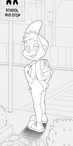 anthro backpack biped bottomless butt clothed clothing erection footwear foreskin genitals hat headgear headwear looking_at_viewer male mostly_nude outside penis shoes solo topless young young_anthro jerseydevil alvin_and_the_chipmunks alvin_and_the_chipmunks_(1983) alvin_seville chipmunk ground_squirrel mammal rodent sciurid hi_res line_art monochrome