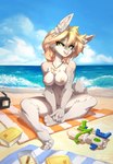 4_toes 5_fingers anthro areola beach breasts day detailed_background feet female fingers fur green_eyes hair nipples nude open_mouth outside sand seaside shoreline sky smile solo teeth toes tongue water annetpeas longdanger lagomorph leporid mammal rabbit artist_collaboration hi_res