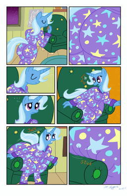 anthro big_butt black_eyebrows blue_body blue_ears blue_hair blue_horn blue_tail border bottomwear breasts butt butt_expansion butt_squish cheek_bulge clothing eating ellipsis expansion eyebrows eyelashes eyes_closed female furniture hair horn huge_butt hyper hyper_butt inside looking_at_butt looking_at_own_butt looking_back looking_back_at_self motion_lines on_sofa open_mouth pajamas purple_bottomwear purple_clothing purple_eyes purple_pajamas purple_topwear sitting sitting_on_sofa sofa solo squish stuck surprised swelling tail teeth tight_clothing topwear white_border necrofeline friendship_is_magic hasbro my_little_pony trixie_(mlp) equid equine horse mammal pony 2014 colored comic digital_media_(artwork) flat_colors hi_res signature