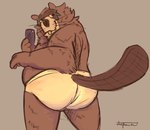 anthro belly brown_body brown_fur butt cellphone clothing electronics fur male overweight overweight_male phone simple_background smartphone solo underwear aspenart beaver mammal rodent 2025