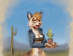 anthro breasts cactus clothed clothing day detailed_background female navel open_mouth outside plant plant_pot potted_plant saguaro sky solo teeth tongue kheltari 2023