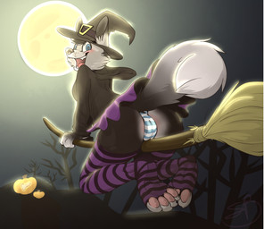 anthro blue_eyes blush bottomwear breasts broom broom_riding butt camel_toe cleaning_tool cleavage clothed clothing costume feet female flying food fruit fur genitals hair hat headgear headwear hindpaw holidays legwear magic_user moon open_mouth outside panties pawpads paws plant presenting presenting_hindquarters pumpkin skirt sky smile solo stockings teeth tongue underwear witch witch_hat backsash halloween canid canine canis domestic_dog husky mammal nordic_sled_dog spitz 2015 absurd_res digital_media_(artwork) hi_res shaded