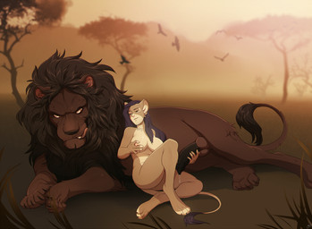 anthro anthro_on_feral balls barefoot bestiality breasts claws digitigrade dreadlocks duo erection feet female feral genitals grass hindpaw humanoid_face intraspecies intraspecies_bestiality licking licking_lips male male/female mane nature nipples nude paws penis plant quadruped savanna self_lick size_difference tail tail_tuft toe_claws toes tongue tongue_out tree tuft patto hakuna avian bird felid lion mammal pantherine digital_media_(artwork)