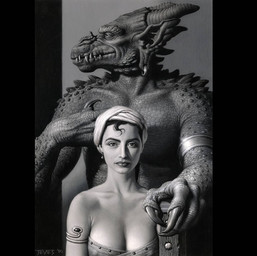 4_fingers anthro armband back_spikes big_claws breasts claws convenient_censorship detailed_scales duo ear_piercing ear_ring fangs female female_human finger_claws fingers hair hand_on_shoulder horn jewelry_only larger_anthro lips looking_aside looking_at_viewer male male_anthro markings mole_(marking) mostly_nude_female muscular muscular_anthro muscular_male nose_wrinkle nude_anthro piercing pointy_ears ring_piercing scales shadow short_hair size_difference smaller_human spikes spikes_(anatomy) teeth thick_lips towel towel_wrap miles_teves alien_logic mythology skyrealms_of_jorune dragon human mammal mythological_creature mythological_scalie scalie 1990 acrylic_painting_(artwork) alternate_version_at_source cover detailed greyscale half-length_portrait hi_res monochrome official_art painting_(artwork) portrait shaded signature smaller_version_at_source soft_shading traditional_media_(artwork) traditional_painting_(artwork) video_game_cover
