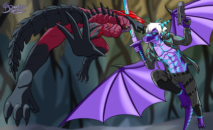 abs anthro arm_blade athletic clashing duo gun hair katana male male/male melee_weapon midair muscular navel p226 pecs purple_body ranged_weapon red_body scales spikes sword tail ventral_scales weapon white_hair wings destinyspider mythology grydir_dacanoor_(griffonki) dragon fury_(dmc) mythological_creature mythological_scalie scalie absurd_res hi_res