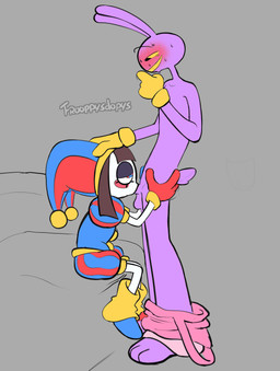 4_fingers anthro balls bedroom_eyes blush bodily_fluids bottomwear bottomwear_down clothed clothing duo female fingers flustered furniture genitals grabbing_waist hand_on_head larger_male male male/female narrowed_eyes oral overalls_down penis seductive sitting size_difference smaller_female sofa standing sweat sweatdrop tears tears_of_pleasure frooppysdopys glitch_productions the_amazing_digital_circus jax_(tadc) pomni_(tadc) humanoid lagomorph leporid mammal rabbit absurd_res hi_res