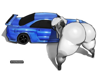 anthro big_breasts big_butt blue_car breasts butt car female glistening glistening_body glistening_butt huge_butt leaning_on_car leaning_on_object looking_down solo thick_thighs vehicle wide_hips kindredeer league_of_legends nissan_skyline riot_games tencent kindred_(lol) lamb_(lol) bovid caprine mammal sheep hi_res