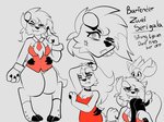 anthro bartender clothing female legwear looking_at_viewer simple_background smile solo kitsunekotaro nintendo pokemon aleph fan_character zwei_serigala generation_7_pokemon lycanroc midnight_lycanroc pokemon_(species) shiny_pokemon flat_colors model_sheet