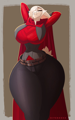 anthro big_breasts breasts cloak clothing curvy_figure female floppy_ears hair hair_over_eye hourglass_figure lop_ears pose solo stretching thick_thighs tight_clothing hiverdose last_fables eni_siverets_(last_fables) hare lagomorph leporid mammal absurd_res hi_res