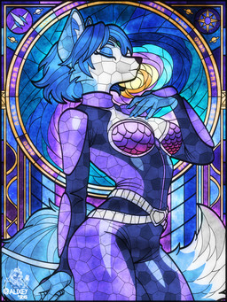 anthro blue_body blue_fur blue_hair bodysuit breasts clothing eyes_closed female from_side fur hair medium_breasts multicolored_body multicolored_fur purple_bodysuit purple_clothing purple_skinsuit skinsuit solo stained_glass tight_clothing two_tone_body two_tone_fur white_body white_fur alixey nintendo star_fox krystal_(star_fox) canid canine fox mammal 3:4 hi_res