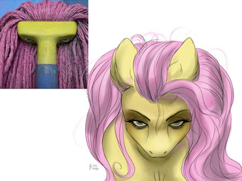 alternate_species black_eyebrows blue_eyes cleaning_tool eyebrows eyelashes female female_feral feral front_view fur lidded_eyes long_mane looking_at_viewer mane mop ominous pareidolia pink_mane reinterpretation simple_background solo text white_background yellow_body yellow_fur rayrage friendship_is_magic hasbro my_little_pony fluttershy_(mlp) earth_pony equid equine horse mammal pony 2022 4:3 artist_name digital_drawing_(artwork) digital_media_(artwork) english_description half-length_portrait meme portrait reference_image shaded
