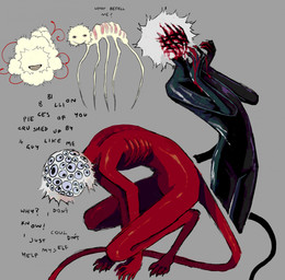 30_eyes ambiguous_feral ambiguous_gender ambiguous_humanoid black_tail black_text blood blood_on_face blood_on_hand bodily_fluids body_horror clothing crouching eyeless faceless feral fur gore grin group latex latex_clothing latex_skinsuit mouthless multi_eye red_body red_skin red_tail ribs scratches self-harm skinsuit smile tail tan_body tan_fur teeth text tight_clothing white_body white_fur wound_on_face wounded yellow_teeth jejejunum humanoid monster monstrous_humanoid 2026 digital_drawing_(artwork) digital_media_(artwork) english_text hi_res