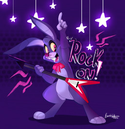 anthro buckteeth electric_guitar feet fingers fur guitar hair long_ears machine male musical_instrument open_mouth open_smile plucked_string_instrument purple_body purple_fur purple_hair purple_nose ribbons smile solo standing string_instrument teeth toes tongue bombstaticz five_nights_at_freddy's scottgames bonnie_(fnaf) animatronic lagomorph leporid mammal rabbit robot 2020 hi_res signature