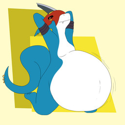 accessory anthro armor belly big_belly blue_body countershading ear_piercing ear_ring fangs fully_inside furgonomics hands_behind_head headgear headgear_only helmet horn jewelry kneeling male motion_lines nude obese obese_anthro obese_male overweight overweight_anthro overweight_male piercing raised_tail ring ring_piercing smile solo tail tail_accessory tail_jewelry tail_ring teeth vore white_belly smappa bandai_namco digimon digimon_(species) flamedramon 1:1 2015