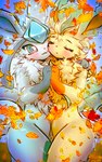 :3 ambiguous_gender anthro autumn blue_body blue_eyes blue_fur blush blush_lines chest_tuft claws duo eyelashes eyes_closed fur hands_touching hug leaf navel paws simple_background snow tail tuft yellow_body yellow_fur maimoonrabbit nintendo pokemon eeveelution generation_4_pokemon glaceon leafeon pokemon_(species) 2023 hi_res signature