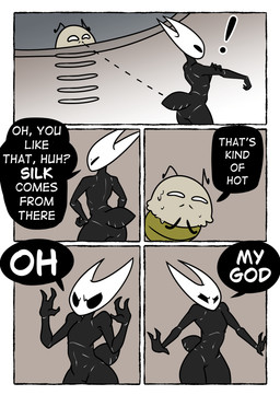 3_fingers antennae_(anatomy) anthro anthro_on_anthro athletic athletic_anthro athletic_female bodily_fluids butt curvy_figure dialogue dotted_line duo exclamation_point featureless_crotch female fingers flat_chested hands_on_hips horn humor looking_at_another male male/female narrowed_eyes nude parody peeping simple_background standing sweat talking_to_another text bran-draws-things hollow_knight:_silksong hollow_knight_(franchise) team_cherry that's_kind_of_hot hornet_(hollow_knight) kratt_(hollow_knight:_silksong) arachnid arthropod flea insect spider 2025 absurd_res comic digital_media_(artwork) english_text hi_res meme multiple_scenes