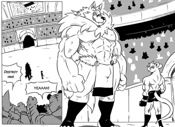 abs anthro bottomwear bulge cheering clothed clothed_anthro clothed_male clothing crowd dialogue duo_focus footwear gloves grin group hair handwear loincloth male male_anthro muscular muscular_male pecs rat_tail ruff screen size_difference smile speech_bubble standing tail teeth text toeless_footwear toothy_grin topless topless_anthro topless_male vein veiny_muscles reagan700 canid canine canis felid mammal mouse murid murine pantherine rodent tiger wolf comic english_text hatching_(art) monochrome shaded