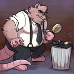 anthro belly big_belly bottomwear clothing magnifying_glass male necktie overweight overweight_male pants shirt solo suspenders topwear trash_can gurluthechair mammal murid murine rat rodent 1:1 2024 hi_res