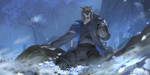 anthro blonde_hair blue_clothing blue_flower blue_topwear bottomwear clothed clothing eyewear eyewear_on_head flower front_view fur goggles goggles_on_head green_eyes grey_body grey_bottomwear grey_clothing grey_fur grey_pants grey_topwear hair male male_anthro mouth_closed night pants plant short_hair sitting solo star topwear tree white_body white_fur awaldkize canid canine mammal absurd_res hi_res