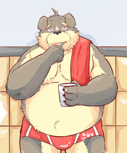anthro bathroom belly brush brushing brushing_teeth bulge clothing humanoid_hands kemono male overweight overweight_anthro overweight_male solo towel underwear andikapatok canid canine canis domestic_dog mammal 2015 hi_res