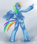 anthro anthrofied blue_body blue_feathers blue_fur breasts cutie_mark feathered_wings feathers female fur hair multicolored_hair multicolored_tail purple_eyes rainbow_hair rainbow_tail side_boob solo tail wings average_artist friendship_is_magic hasbro my_little_pony mythology rainbow_dash_(mlp) equid equine mammal mythological_creature mythological_equine pegasus signature